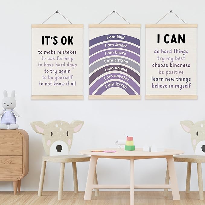 Koesus Inspirational Classroom Purple Rainbow Wall Art Poster Hanger Frame 12x16 Inch Set of 3, Positive Affirmations for Kids, Motivational Canvas Prints Framed Wall Decor for Classroom Kids Room