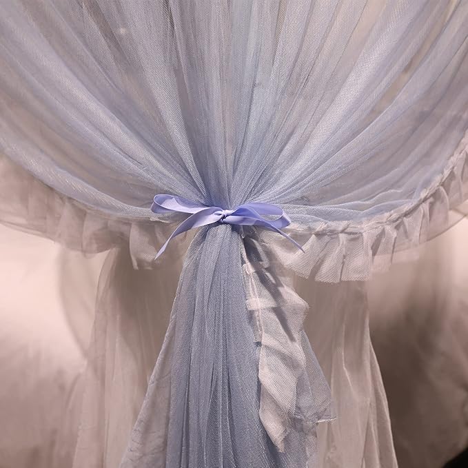 VETHIN 4 Corners Post Ruffle Princess Bed Canopy Curtain-Double Layer Cozy Drape Netting 4 Opening Mosquito Net for Girls Adults Bedroom Decoration (Gray/White,47" W*78" L*82" H/Twin)