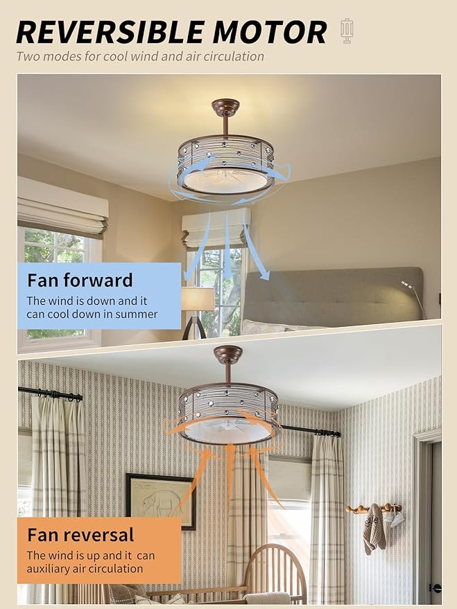 20" Farmhouse Fandelier Ceiling Fan with Light, Rustic Chandelier Ceiling Fans with Lights Remote Control, Caged with 6 Speeds for Bedroom, Living Room, Nursery