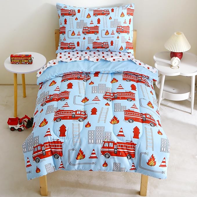 Mooreeke 4 Pieces Toddler Bedding Set - Fire Truck Blue Toddler Comforter Sets for Boys, Includes Comforter, Flat Sheet, Fitted Sheet and Pillowcase, Bed in A Bag for Baby Bedroom