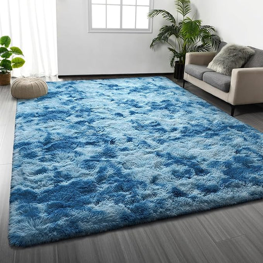 Large Shag Area Rugs 6 x 9, Tie-Dyed Plush Fuzzy Rugs for Living Room, Ultra Soft Fluffy Furry Rug for Bedroom, Indoor Carpet Nursery Rugs for Kids Room Home Decor, Bright Blue