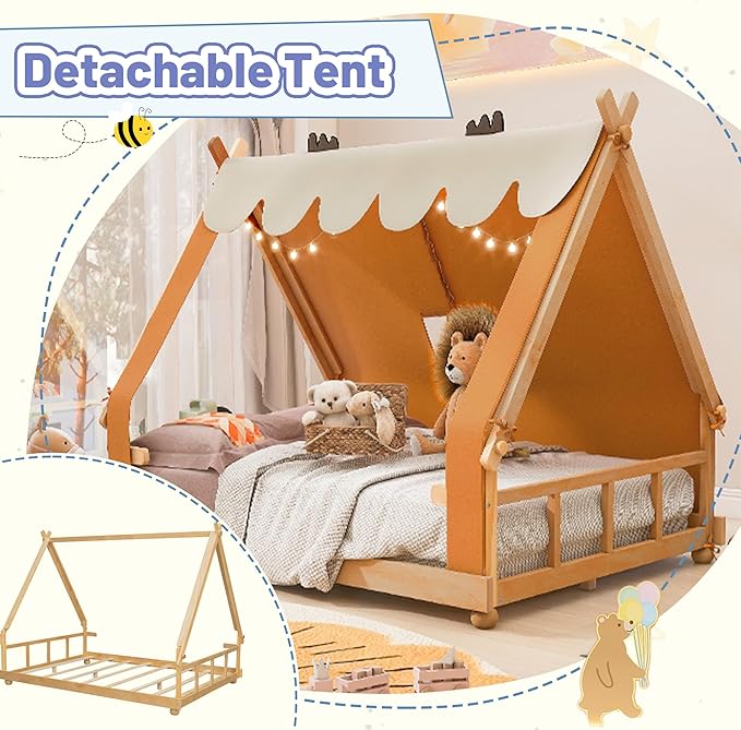 Full Size Floor Bed with Tent and Light, Wooden Montessori Bed Frame with Roof Design, Low Profile Beds for Kids, Boys and Girls, Brown