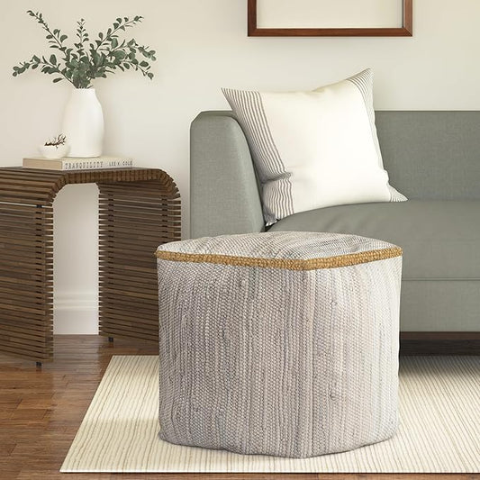 LR Home Gray Bordered Transitional Hand-Loomed All-Natural Cotton Pouf with Jute Braid | Farmhouse Cube Foot Rest for Bedroom & Living Room Decor | 18 x 18 x 18 Stuffed Ottoman for Seating