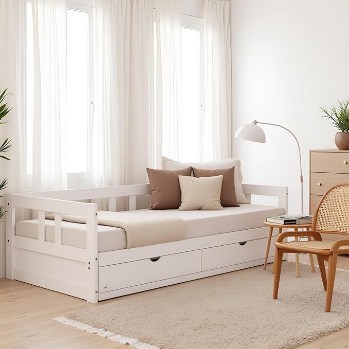 Alaterre Furniture Melody Twin to King Extendable Daybed with Trundle and Storage Drawers – Solid Pine Wood Kids Bed Frame with Headboard – Guest Bed for Boys, Girls, Toddlers, or Teens (White)