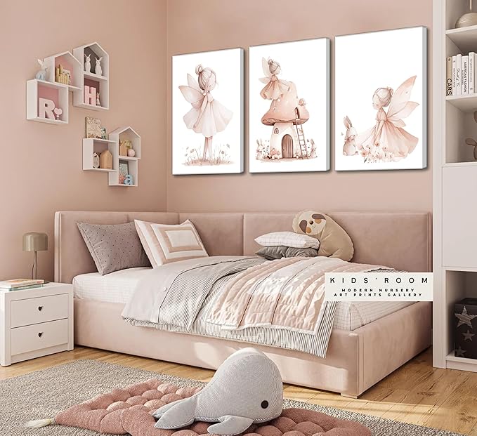 UNDDISINS 3 Pcs Pink Fairy Nursery Canvas Wall Art Girs Room Pink Nursery Painting Picture Wall Decor Cute Fairy Posters Art Fairies Paintings Artwork for Kids Room Toddler GirlRoom Home Decoration
