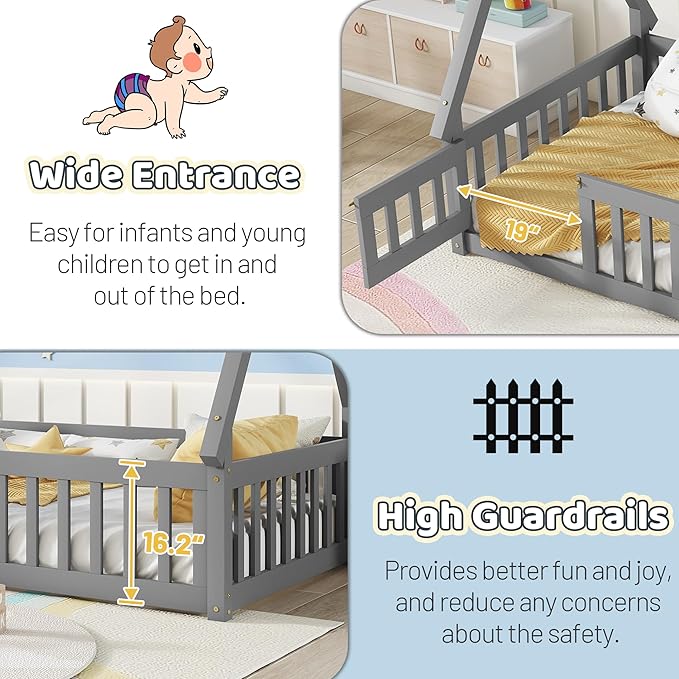 Twin House Bed Frame with Fence Rails and Door,Wood Montessori Floor Bed with Slats Support,Teepee Tent Beds Kids Bed Frames for Girls Boys, Grey