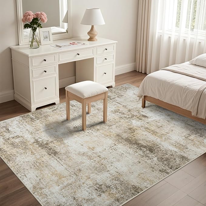 Washable Rug 6x9 Area Rugs: Soft Large Living Room Rug with Anti-Slip Backing Non-Shedding Stain-Resistant Modern Abstract Carpet for Bedroom Dining Room Nursery Home Office Beige Grey