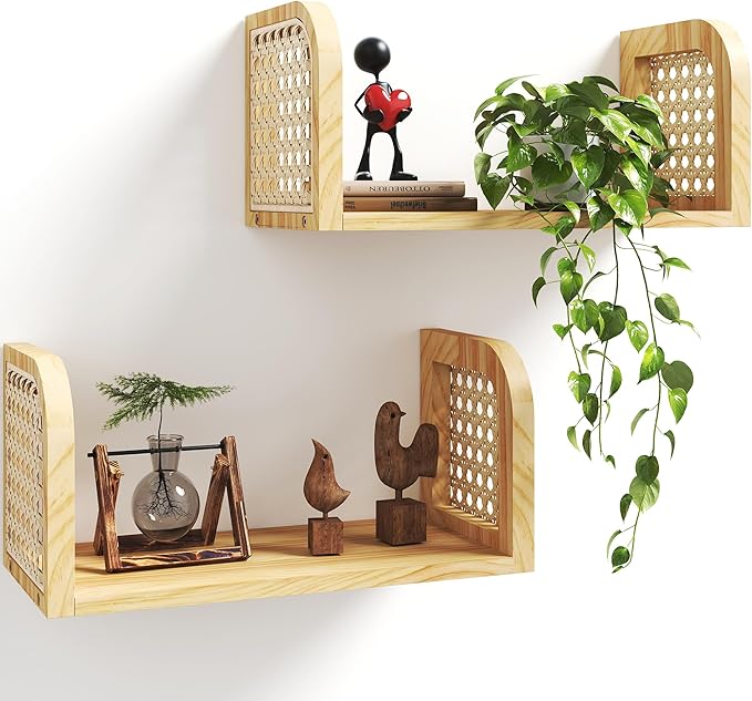 Rattan Shelf Set of 2, Natural 8 Inch Deep Wooden Hanging Bookshelf, Cute Nursery Shelves Wall Mounted, Boho Decorative Floating Shelves for Kids Room, Living Room, Play Room, Bedroom