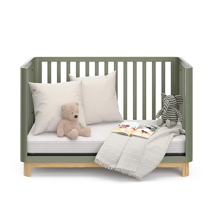 Storkcraft Santos Convertible Crib (Olive & Natural) – GREENGUARD Gold Certified, Fits Standard Crib Mattress, Converts to Toddler Bed and Daybed, 4 Adjustable Mattress Heights, Rounded Edges