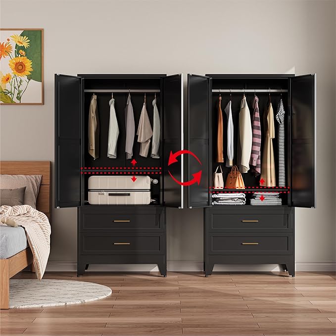Metal Wardrobe Closet Cabinet with Drawers,71" H Large Bedroom Armoires with Shelves and Hanging Rod,Wardrobe Storage Cabinet with 2 Doors, 1 Adjustable Shelf and Drawers (2Drawer, Black)