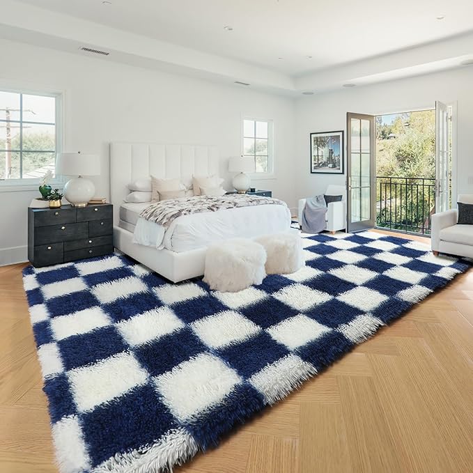 KICMOR Large Area Rug for Living Room 6x9, Big Fluffy Shag Fuzzy Navy Blue and Cream White Checkered Rugs Soft Plush Carpet for Bedroom, Cute Shaggy Rug for Kids Boys Girls Room Nursery Home Decor