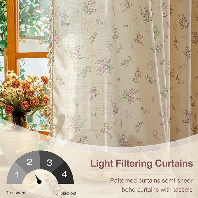 OYX Purple Boho Floral Curtains 96 Inch Length 2 Panels for Living Room, Bedroom Light Filtering Drapes, Farmhouse Country French Rustic Tassels Patterned Rod Pocket Aesthetic Decor Window Treatments