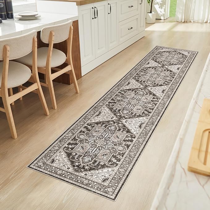 WITSHOCK 2x10 Long Runner Rug for Hallway: Washable Rug Distressed Boho Soft Low Pile Stain Resistant Foldable Carpet for Bedroom Kitchen Entryway Indoor Entrance Oriental Farmhouse Home Decor, Black
