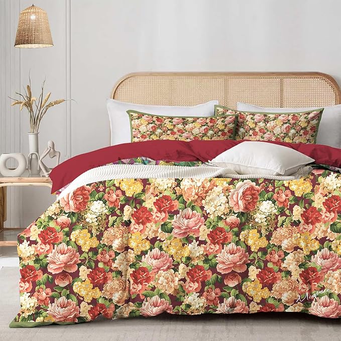 MAGRACE Cotton Duvet Cover King - Super Soft Breathable Duvet Cover Set -Duvet Cover with Pillow Shams, Vintage Floral Pattern & Maroon Red Reversible