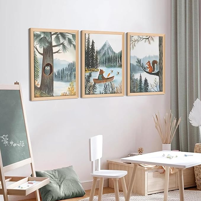 Framed Cute Animals Wall Art Set of 3, Woodland Bear Canoe Adventure Nursery Decor, Owl Squirrel Kids Room Pictures Prints, Wild Animals Canvas Wall Decor for Baby Room Decor – 12x16 inch