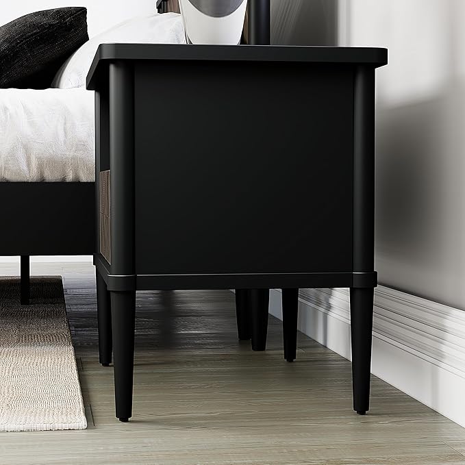Lenia Solid Wood Nightstand, Mid Century Modern Night Stand End Table Bedroom Living Room, Herringbone Pattern Bedside Table for, Rustic Side Table with Drawer & Open Storage, Mocha Black
