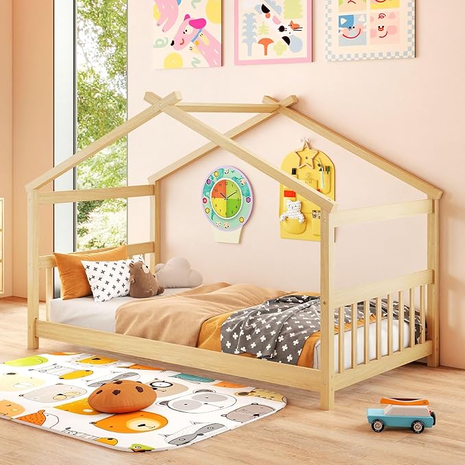 Giantex House Bed Twin, Solid Wood Kids House Bed with Roof, Headboard and Footboard, Low Floor Twin Bed Frame for Kids Teens Girls Boys, No Box Spring Needed, Natrual