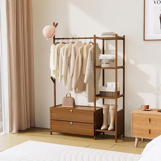 Upgraded Hanging Rack Clothing Rack with Drawers,39.37inch Solid Thickened Clothes Racks with Shelves,27.6inch Width Closet with Drawers,Clothes Racks for Hanging Clothes,Short Closet Dresser