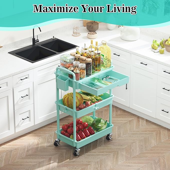 3-Tier Rolling Cart with Drawer & Lockable Wheels, Bathroom Storage Organizer Multifunctional Rolling Storage Cart for Bathroom, Kitchen, Office, Craft, Makeup, Baby Essentials, Blue