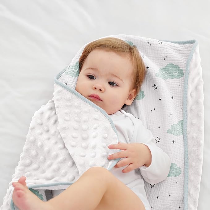 Susurration Baby Blanket for Unisex Boys Girls, Soft Nursery Minky Blanket with Muslin Cotton Front and Dotted Fleece Back, Receiving Blanket for Baby Newborn Infant, 30x40inch (Cloud)