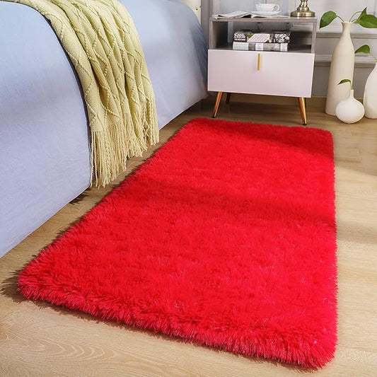 BENRON Fluffy Runner Rugs 2x4, Soft Long Runners for Bedroom Hallyway Entryway Kitchen, Washable Fuzzy Throw Rug for Kids Girls Room Decor Photo Prop, Red