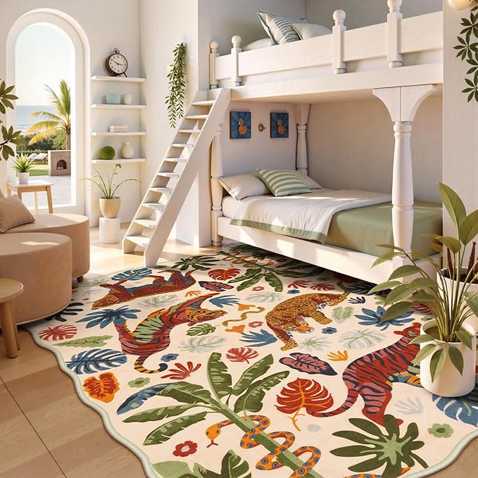 LEEVAN 5x7 Animal Area Rugs Washable Beige Tiger Living Room Rugs Non Slip Scalloped Tiger Bedroom Rug Low Pile Leopard Nursery Floor Carpet Jungle Leaf Print Kids Rug