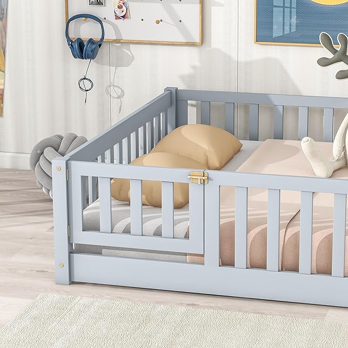 Ball & Cast Full Size Montessori Floor Bed,Wooden Floor Bed Frame with Wood Slats,Montessori Toddler Bedframe W/Door and Safety Guardrails for Girls Boys,Bedroom,Playroom,No Box Spring Needed,Grey