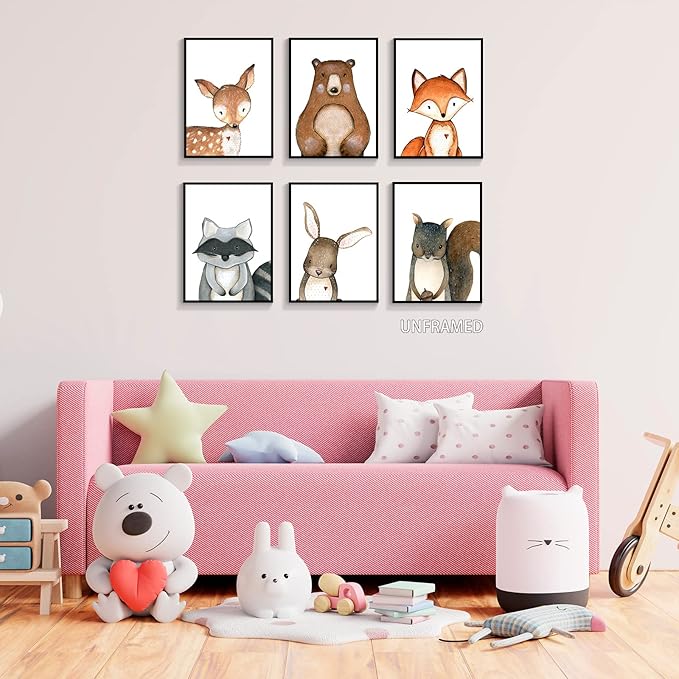 gooptyinh 6 Pieces Woodland Animals Nursery Canvas Wall Art Cute Safari Jungle Animal Deer Bear Bunny Pictures Room Posters Farmhouse Forest Theme Fox Squirrel Raccoon Prints Decor 8x10in Unframed