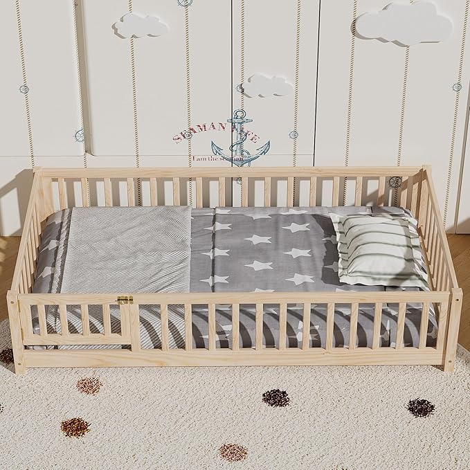 i-POOK Twin Floor Bed for Children, Sturdy Wood Montessori Bed Frame with Wood Slats, Fence & Door, Montessori Floor Bed for Girls and Boys, Natural