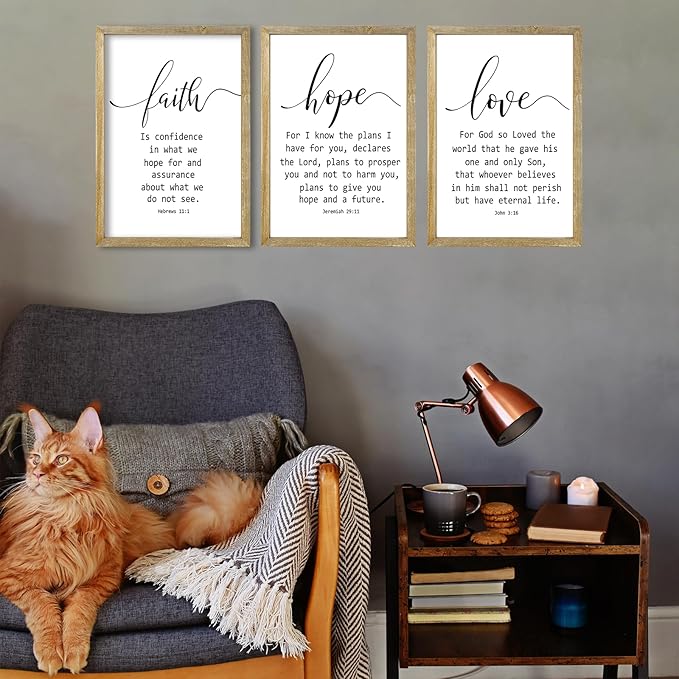 Faith Hope and Love Bible Verses Wall Decor Sign 16x11Inch Wood Framed Set of 3 Farmhouse Living Room Christian Faith Scripture Art Inspirational Religious Quote Love Wall Hanging (Wood)