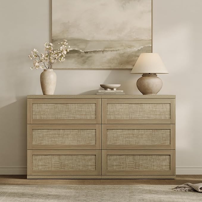 SICOTAS Dresser for Bedroom - 6 Drawer Dresser for Nursery 50" Wide Rattan Dressers & Chests of Drawers Boho Drawers for Bedroom Living Room Clothes Large Closet Storage for Closet Hallway Entryway