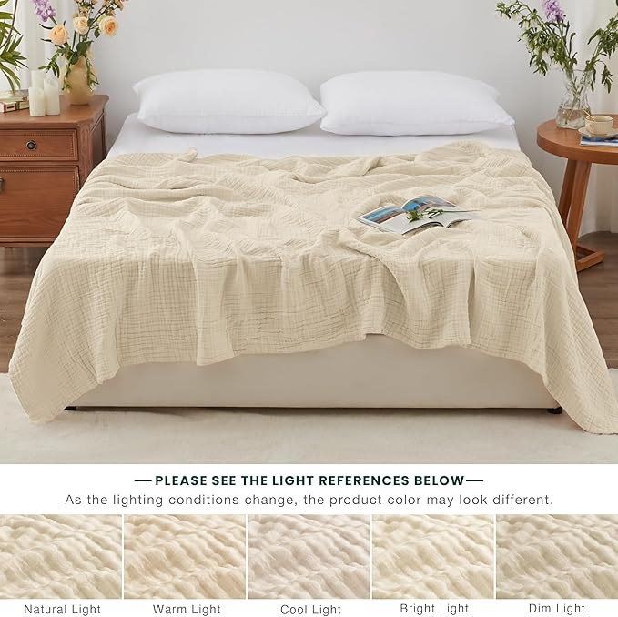 Love's cabin 6 Layer 100% Cotton Muslin Blanket, 90"x90" Muslin Blanket Queen for Couch Bed, Lightweight and Breathable Cotton Gauze for Adult, Beige