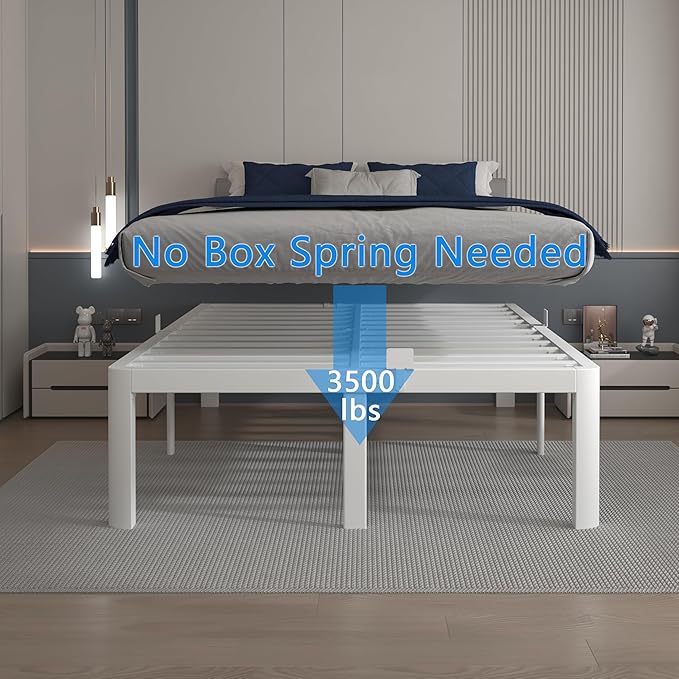 Full Size Bed Frame 16 Inch, White Full Bed Frame with Anti-Slip Baffles, No Box Spring Needed, Heavy Duty Steel Platform Supprt, Rounded Corner Design, Reserved Holes, Noiseless, Storage Space