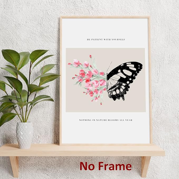 Be Patient with Yourself Art Positive Affirmation Artwork Mental Health Posters Butterfly Flower Painting Pink Watercolor Flower Prints Black Butterfly Pictures for Living Room Bedroom 16x24in