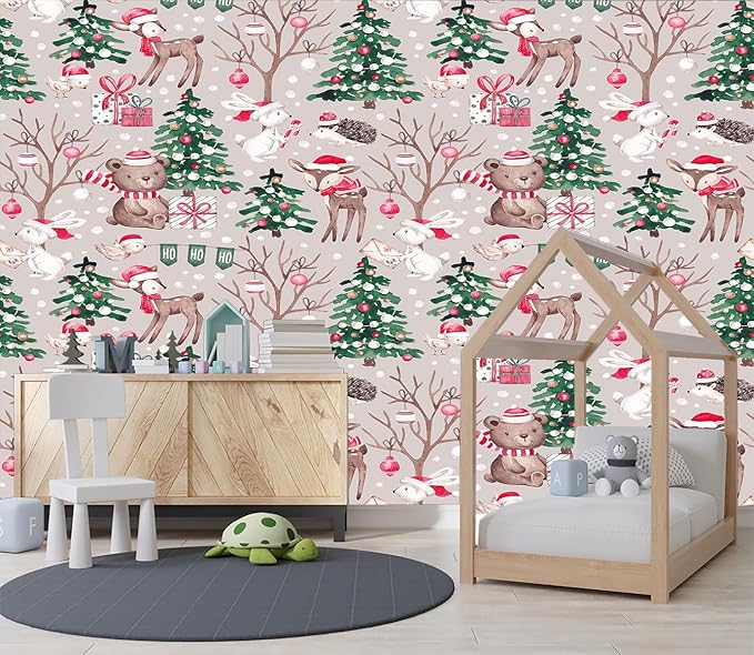 XMPMBM-Christmas Day Cartoon Pine Forest Nursery Room Fabric Wallpaper Kids Bedroom Hand-Painted Graffiti Wall Mural-W 154" X H 105"（112 Square Foot）