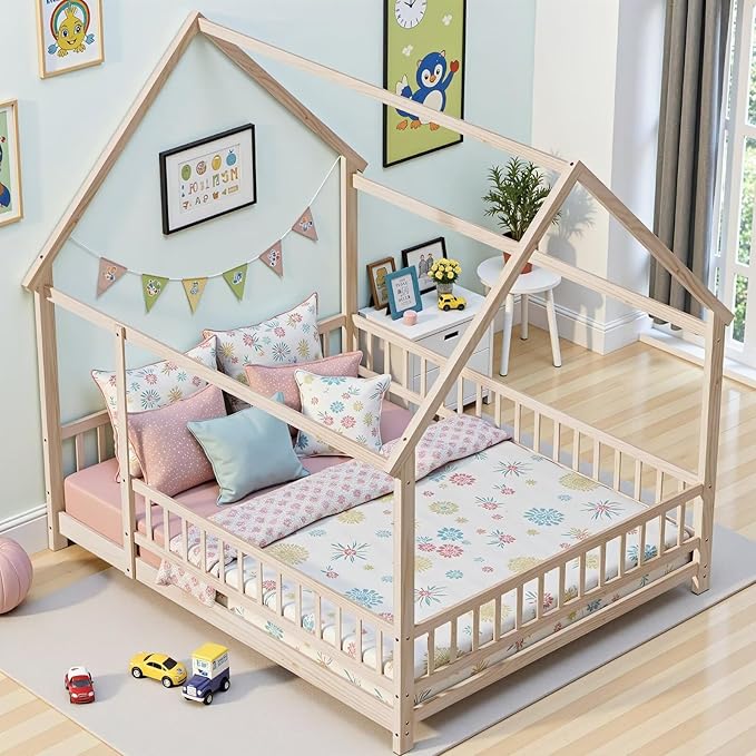 LLS Queen Size Montessori Floor Bed Frame with Slats and Fence, Wooden House Bed for Boys Girls Bedroom, Natural
