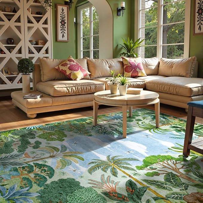 Lahome Summer Jungle Green 8x10 Rugs for Living Room Bedroom Large Washable Area Rug, Stain Resistant Forest Dining Room Carpet Non Slip Non Shedding Indoor Carpet for Playroom Office Classroom Decor