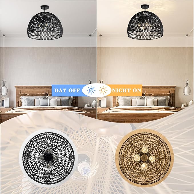 Rattan Ceiling Light Fixture, 4-Light Boho Semi Flush Mount Ceiling Light, 20" Wicker Light Fixture with Handmade Woven Cage Lampshade, Rattan Chandelier for Bedroom Hallway Nursery Kitchen Farmhouse