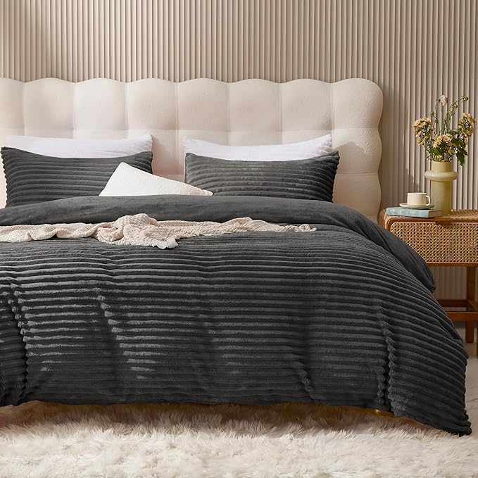 JELLYMONI Plush Duvet Cover Set - Queen Size Dark Gray Striped Fluffy Comforter Cover 3pcs Bedding Set Luxury Ultra Soft Faux Fur Duvet Cover with Zipper and 2 Pillowcases (NO Comforter)