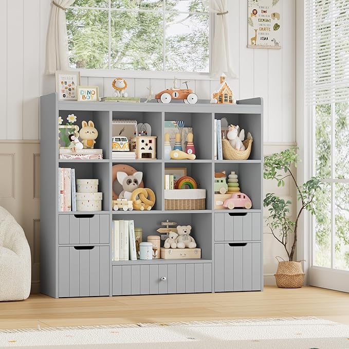 HITHOS 48" W Toy Storage Organizer, Large Kids Bookshelf with Rolling Toy Chest, Toy Organizer with Storage Bins, Book Shelf for Kids Room, Playroom Toy Box with 9 Open Cubbies for Boys/Girls, Grey