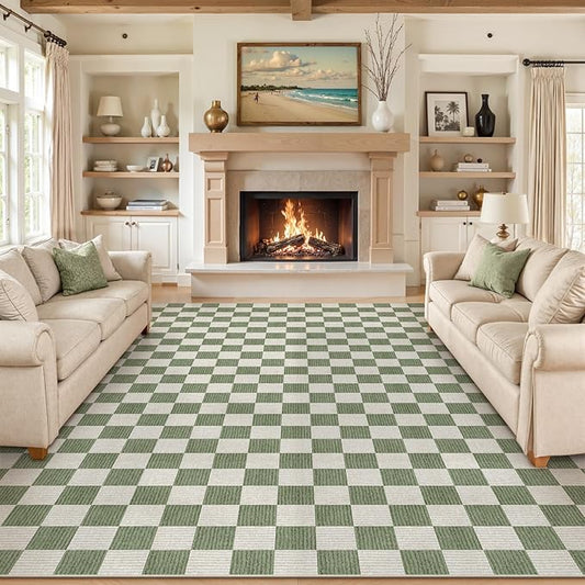 LIVEBOX 9x12 Area Rugs for Living Room, Checkered Non-Slip Washable Rugs, Farmhouse Neutral Classic Geometric Large Boys Area Rug for Bedroom, Carpet for Living Dining Room Office(Sage Green,9'x12')