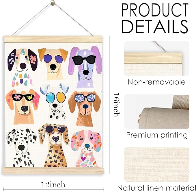 BESERH Colorful Dogs Wall Art Posters, Dog Room Wall Decor, Dog Lover Gifts for Women Men, Trendy Cute Spot Puppy Canvas Prints Artwork Framed for Home Kids Bedroom Nursery, 12x16 Inch