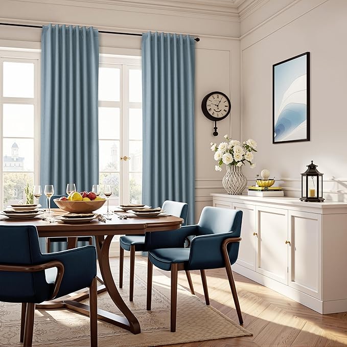 Guken Blue Linen 100% Room Darkening Curtains 120 Inches Long Farmhouse Textured Hook Belt Back Tab Black Out Privacy Patio Curtains for Sliding Door Living Room 2 Panels Set 52x120 10Ft