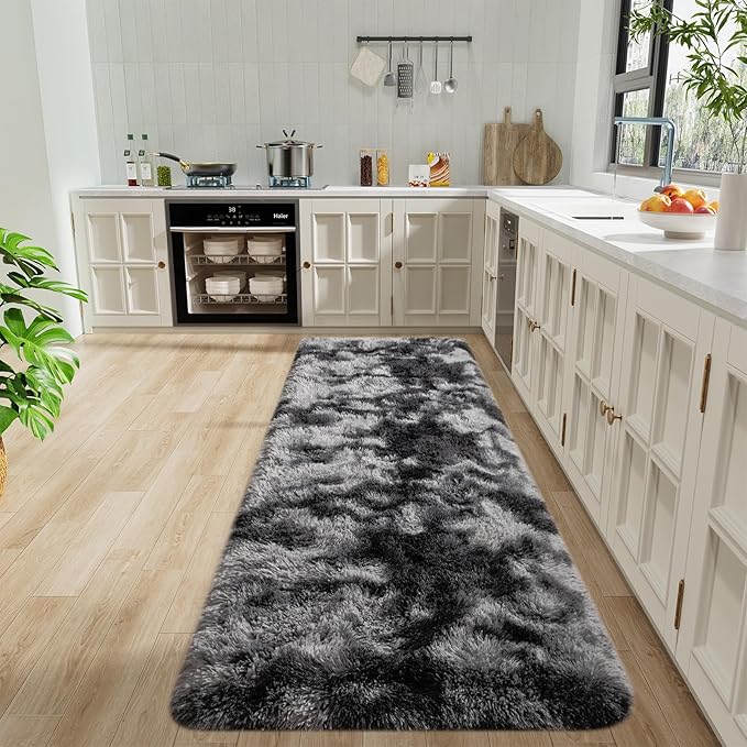 BENRON Soft Runner Rugs for Bedroom 2x6, Washable Long Runners for Hallway Entryway Kitchen Dorm, Fluffy Throw Rug for Kids Girls Room Decor Photo Prop, Tie-dye Black