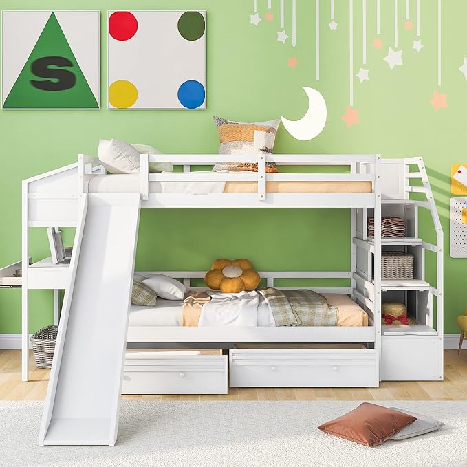Modern Twin Over Twin Bunk Bed with Storage Staircase and Slide, Wooden Bunk Bed Frame with Desk and Drawers, Multifunctional Bunk Bed for Kids Teens Adult Bedroom