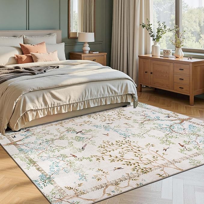 jinchan Yarden Botanical Birds 8x10 Ivory Area Rugs for Living Room Washable Non Slip Soft Nature Plants Modern Kids Carpet Vintage Ultra Thin Low Pile Indoor Rug for Bedroom Nursery Playroom