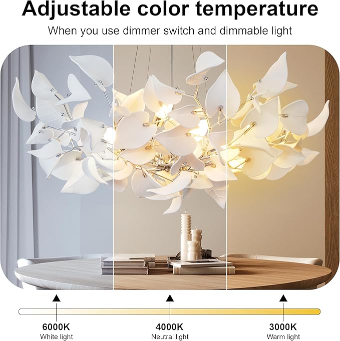 YUYI 39.4" Silver Tree Branches Chandelier, Ceramic Ginkgo Leaf Chandelier, Modern Round Chandeliers for Dining Room, Living Room Over Table, Kitchen, Foyer, Bedroom, Elegant Art Deco
