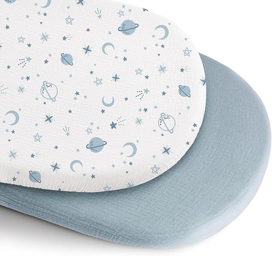 Konssy 2 Pack Muslin Bassinet Sheets for Baby Boy, 100% Cotton Soft Breathable Bassinet Mattress Sheets Fit for Hourglass Oval Cradle Rectangle Mattress (Star,Blue)