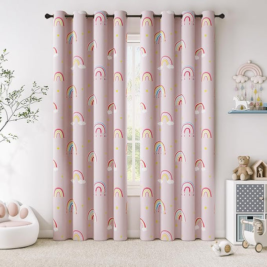 Vangao Boho Girls Blackout Curtains Pink for Kids Room 84 Inch Length, Rainbow Window Drapes for Living Room Nursery Thermal Grommet Insulated Room Darkening Curtains Bedroom, 2 Panels