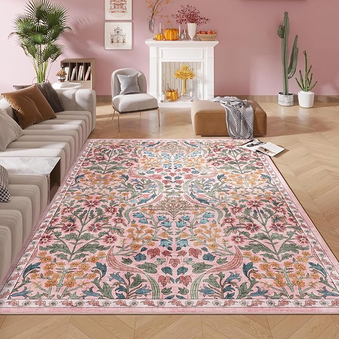 5x7 Washable Area Rug for Living Room, Floral Non-Slip Non-Shedding & Easy Care, Soft Low Pile Forest Boho Indoor Floor Carpet for Living Room, Bedroom, Farmhouse, Dining Room, Kids Playroom, Pink